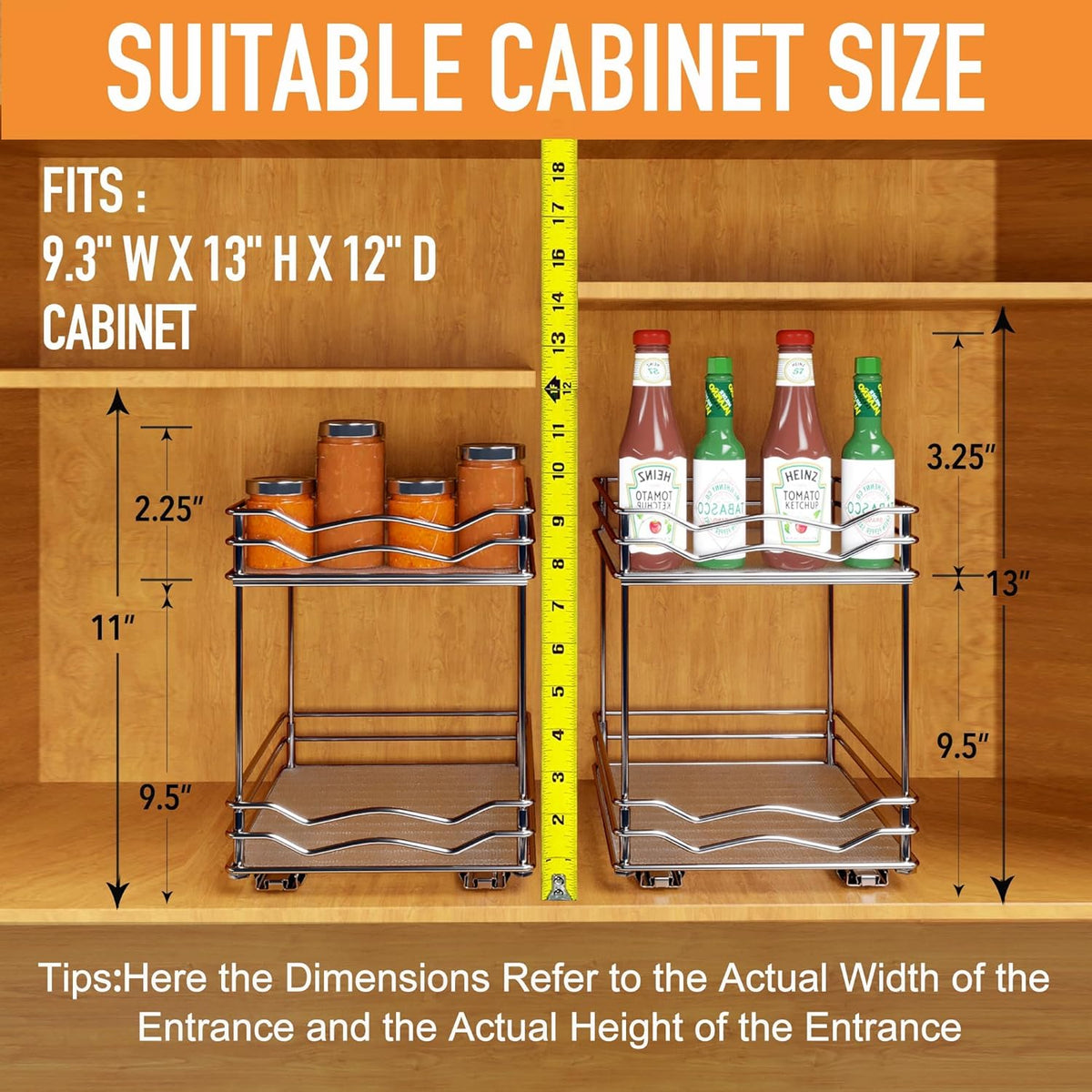 BBV Spice Rack Organizer, Double layer Seasoning Organizer for Cabinet Countertop, Kitchen, Pantry, Sliding Metal Chrome Spice Organization (9 inch)