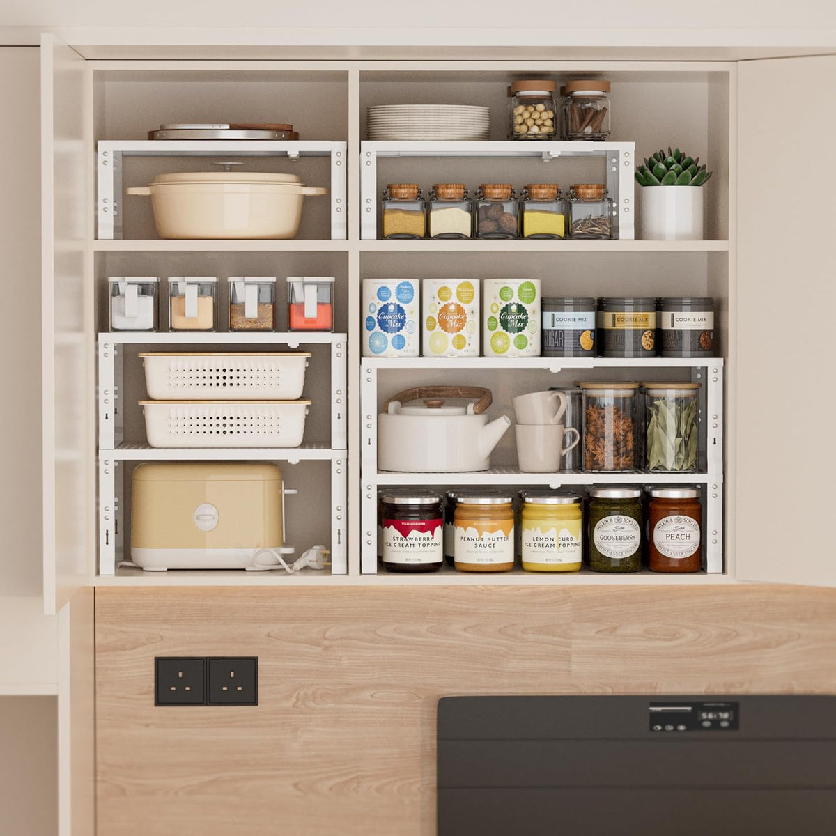Heavy-Duty Adjustable Metal Shelf Organizer - Expandable & Stackable Pantry Storage Rack for Kitchen, Bathroom, RV, Cabinets(1 Pack/White, Large)