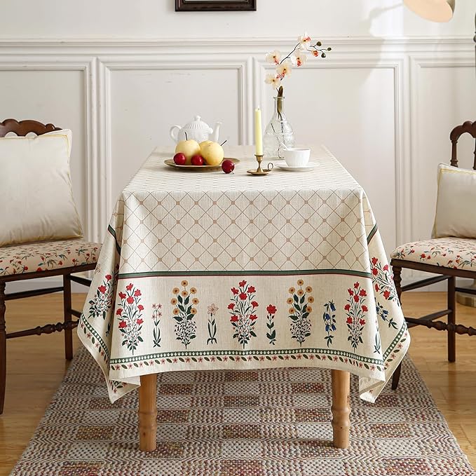 ISAENNE Designer Vintage Linen Floral Long Rectangle Tablecloth,Fall Colorful Modern Table Cloth,Anti-Wrinkle Decor Tablecloths for Dining Thanksgiving Kitchen Christmas,63"*94"-Bertina E