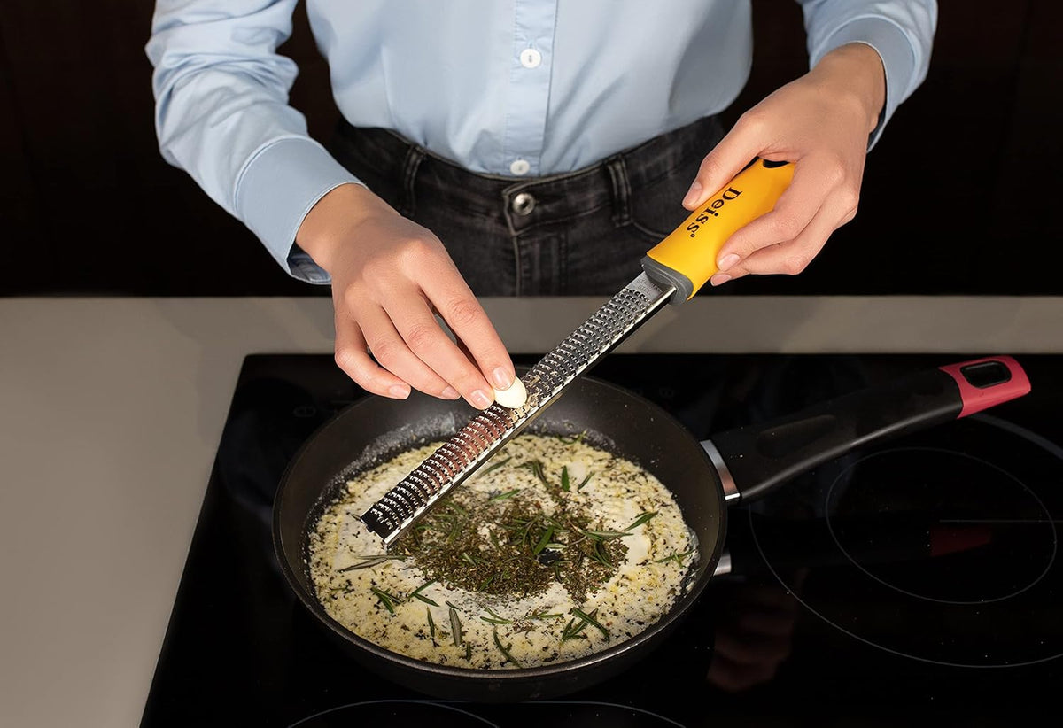 Deiss PRO Citrus Zester & Cheese Grater — Parmesan Cheese Lemon, Ginger, Garlic, Nutmeg, Chocolate, Vegetables, Fruits - Razor-Sharp Stainless Steel Blade, Wide, Dishwasher Safe