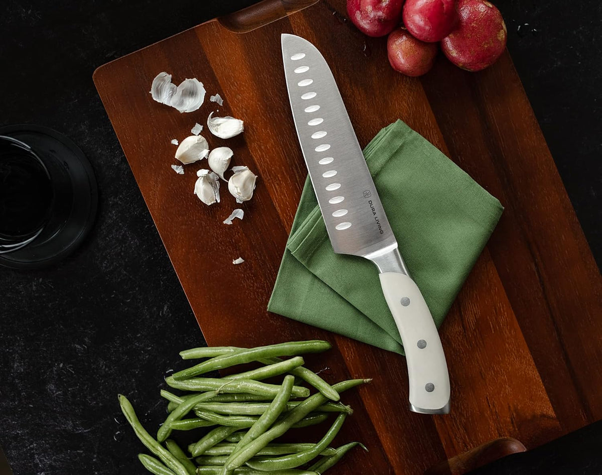 7-Inch Santoku Knife – Ultra-Sharp German High Carbon Stainless Steel, Full Tang, Ergonomic Handle, Multipurpose Kitchen Knife for Chopping, Slicing, and Dicing, Cream
