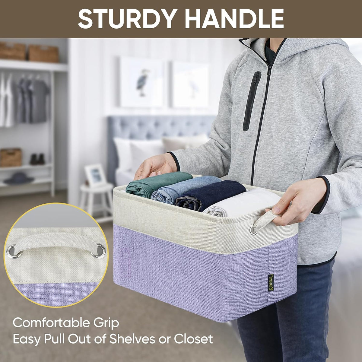 BALEINE 3 Pack Fabric Storage Bins for Shelves, Linen Storage Baskets for Organizing, Decorative Closet Bins for Clothes, Home (Lavender, 15''x11''x9.5'')