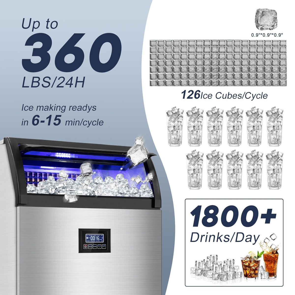 Commercial Ice Maker Machine 360LBS/24H with 80LBS Storage Bin, 126PCS Ice Cubes Ice Machine Stainless Steel Undercounter/Freestanding Ice Maker for Home Bar Outdoor, Self Cleaning