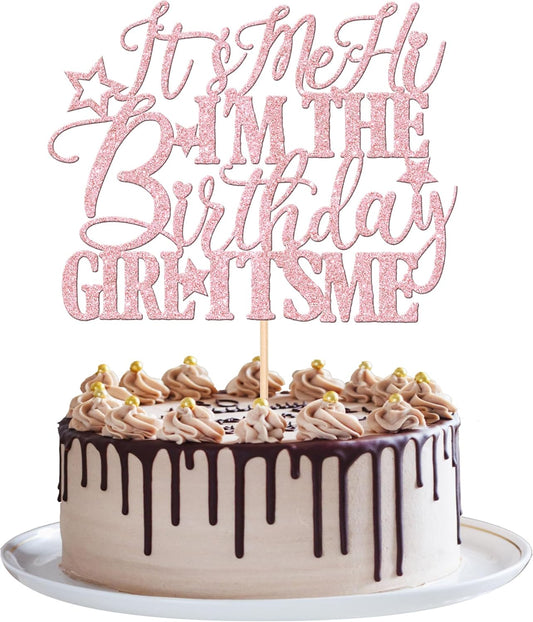 1 PCS It's Me Hi I'm the Birthday Girl It's Me Cake Topper Glitter Funny Girls Birthday Cake Pick for Hot Pop Music Singer Birthday Party Cake Decorations Supplies Light Pink