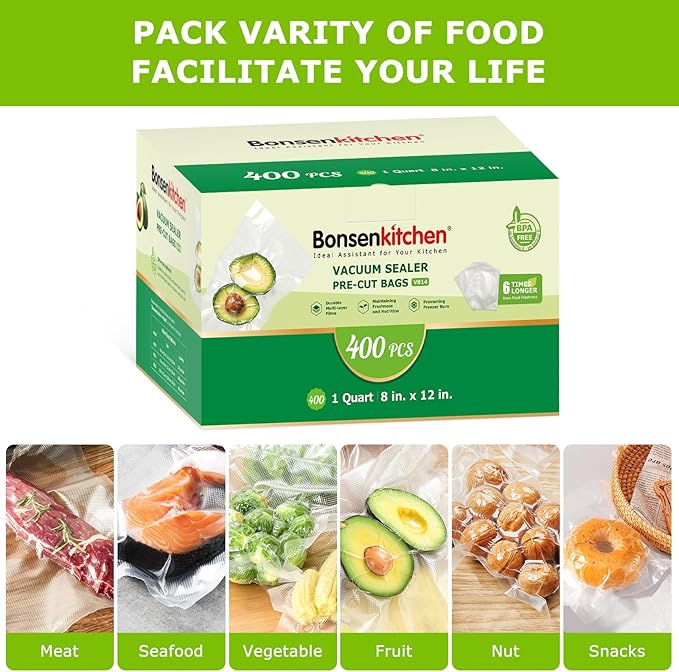 Bonsenkitchen Vacuum Sealer Bags,400 Quart 8" x 12" Precut Food Sealer Bags, Commercial Grade, BPA Free, Heavy Duty, Customized Size Vacuum Bags for Vac Storage, Meal Prep or Sous Vide Cooking, VB14