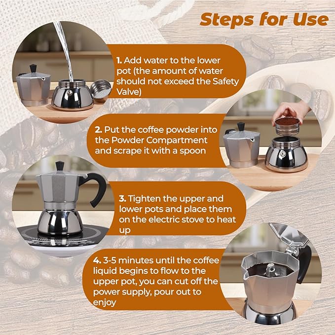 No Coating 4 Cup Aluminum and Stainless Steel Moka Pot Stovetop Espresso Maker Italian Coffee Machine 220ml 7.44oz Suitable for Gas Induction Stovetop Greca Coffee Maker Percolator Silver