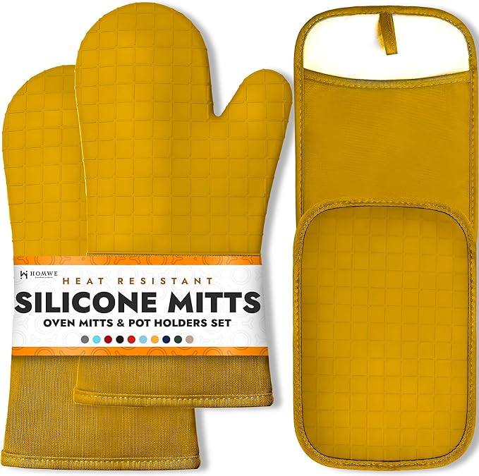 HOMWE Silicone Oven Mitts and Pot Holders for Kitchen & Baking - Set of 4 Heat-Resistant, Heavy-Duty Cooking Mittens w/Non-Slip, Textured Grip