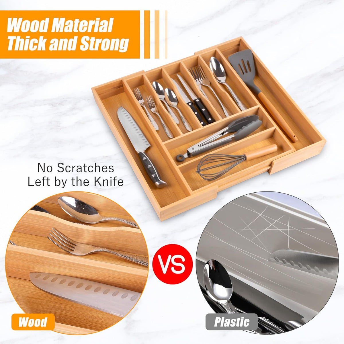 Bellsal Large Premium Bamboo Silverware Organizer - Expandable Utensil Drawer Organizer - 17"x19.6" Utensil Holder and Cutlery Tray with Grooved for Kitchen Flatware and Utensils Mother's Day Gift