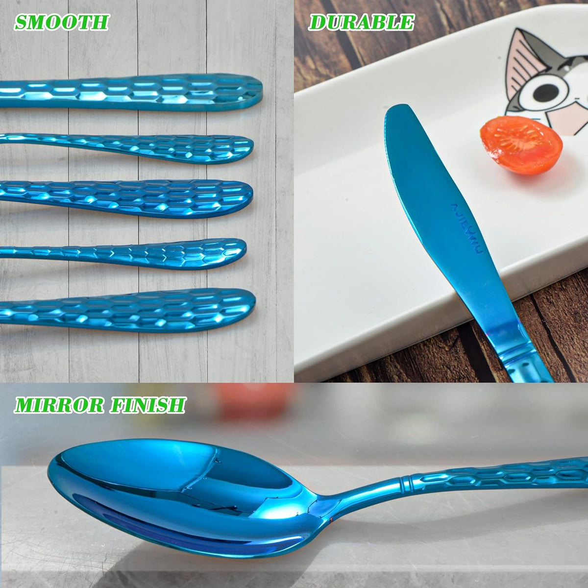 Hammered 20-Piece Silverware Set for 4, 18/10 Stainless Steel Flatware Silverware Set, Unique Design Knife Fork Spoon Set for Home Kitchen Restaurant Wedding, Smooth Edge, Dishwasher Safe (Blue)