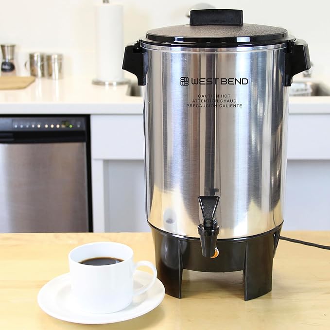 West Bend Coffee Urn Highly-Polished Aluminum Features Automatic Temperature Control with Cup Per Minute Brewing and Easy Clean Up Includes In-Basket Measuring Guide and Ready Light, 30-Cup, Silver