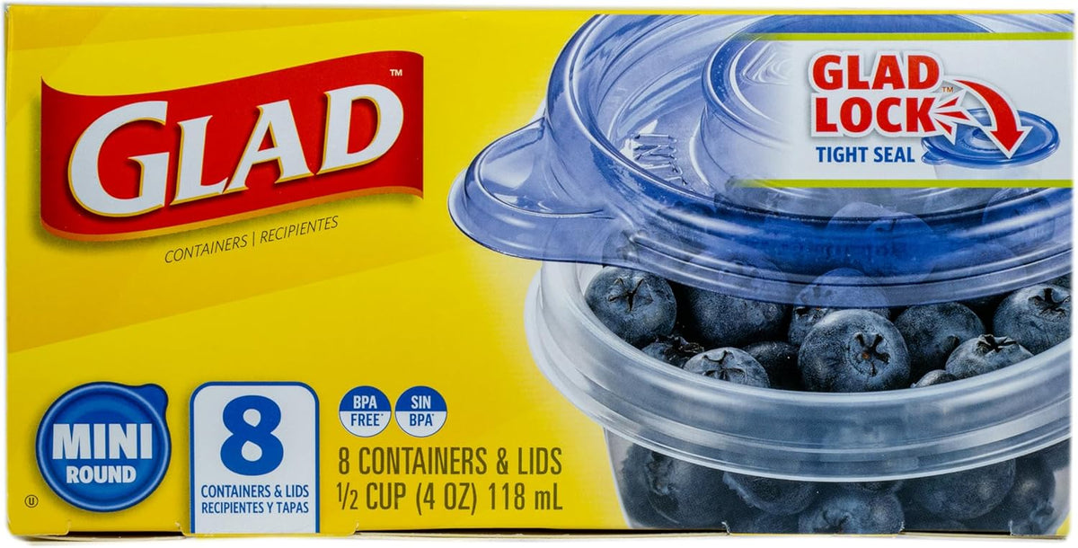 Glad GladWare Mini Round Food Storage Containers - Small Meal Container Holds up to 4 Ounces of Food - Lock Tight Seal, 8 Count - 12 Pack