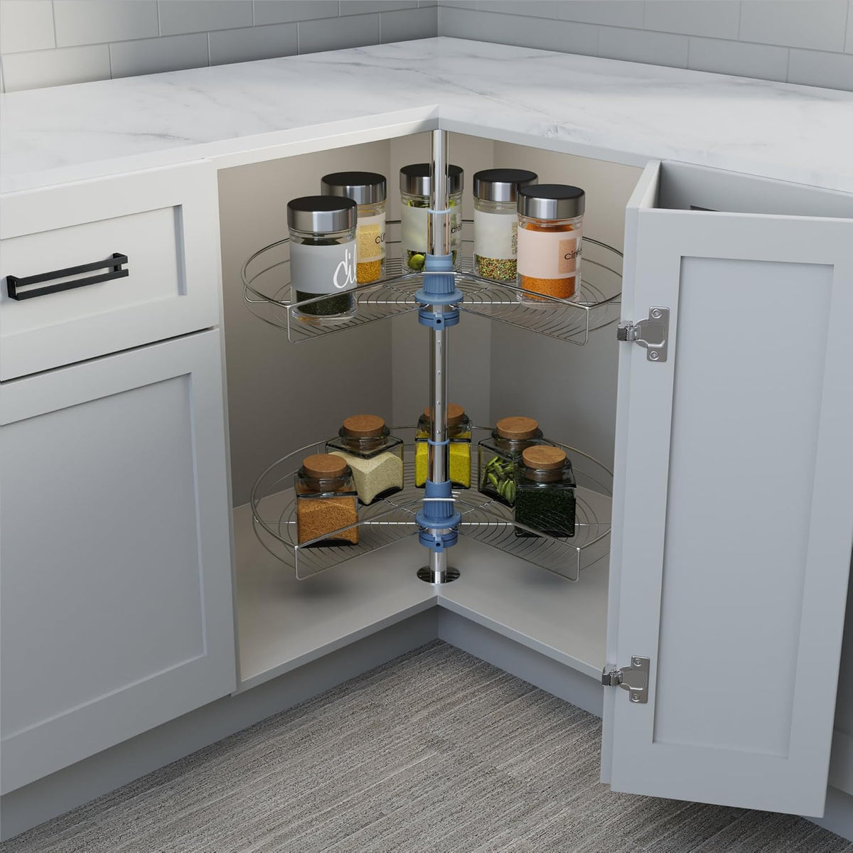 Dowell 24" Kidney Lazy Susan, 2 Shelves, Kitchen Base Corner Cabinet Organizer (Chrome 4001 270 24)