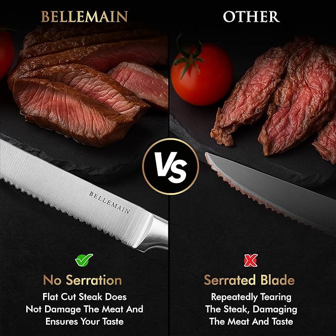 Bellemain Premium Steak Knives Set of 8, Kitchen Knife Sets with Steel Blades for Precise Cutting, Lightweight Steak Knife Set Stainless Steel & Durable, Serrated Steak Knives Dishwasher Safe