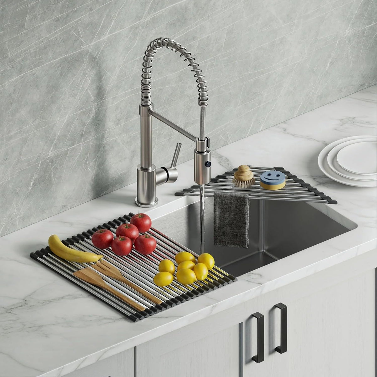Dowell Over The Sink Roll-Up Dish Drying Rack, Foldable Tube Design, Space Saving Sink Organizer, Sturdy, Easy to Clean, Stylish Look - Triangle+Rectangular - Stainless Steel