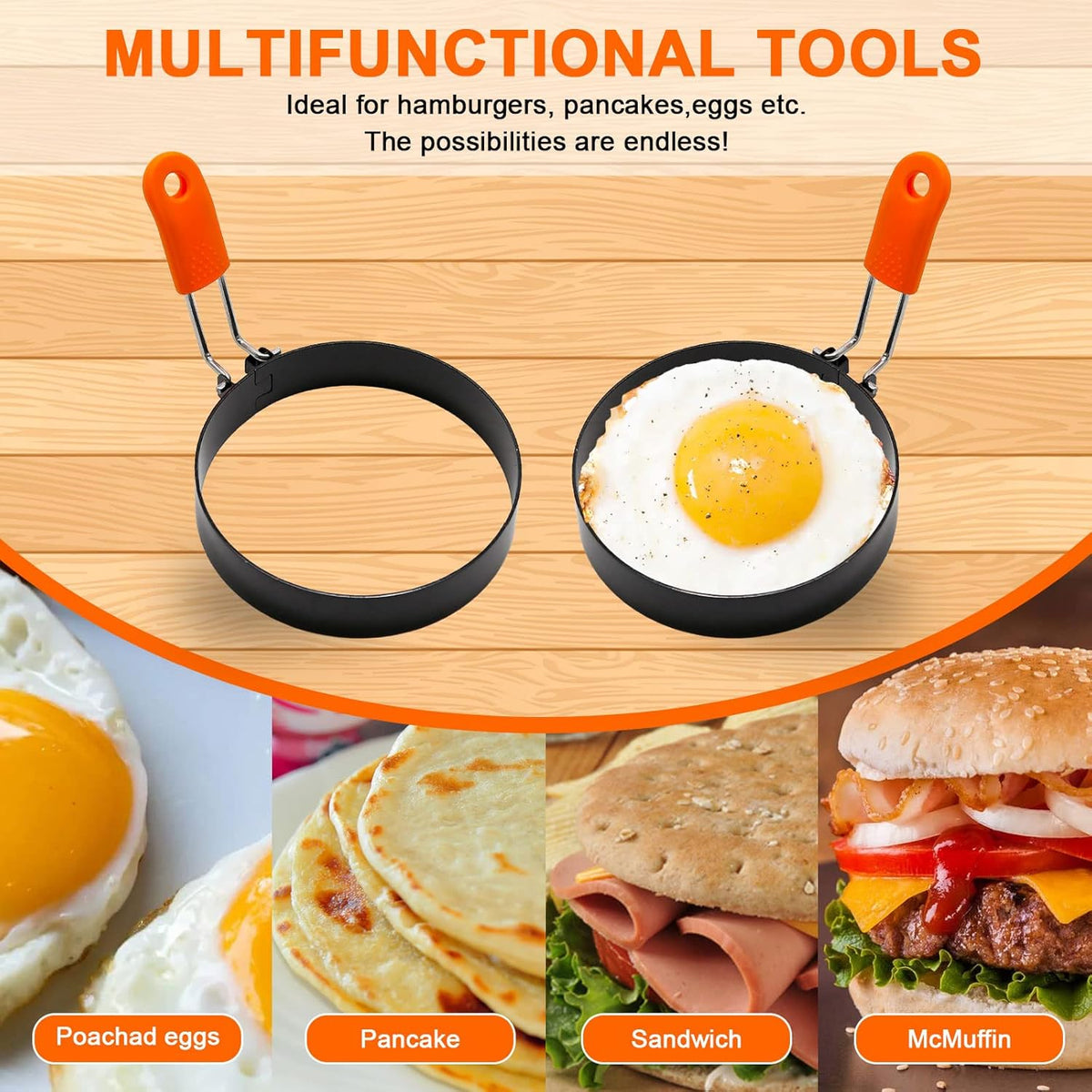 6Pcs Egg Ring Pancake Ring Stainless Steel Omelet Molds Set, Pancake Shapers with Silicone Handle for Breakfast Used to Make Pancakes, Sandwiches, Burgers (Round Style,4 Inch, 6 Inch, 8 Inch)