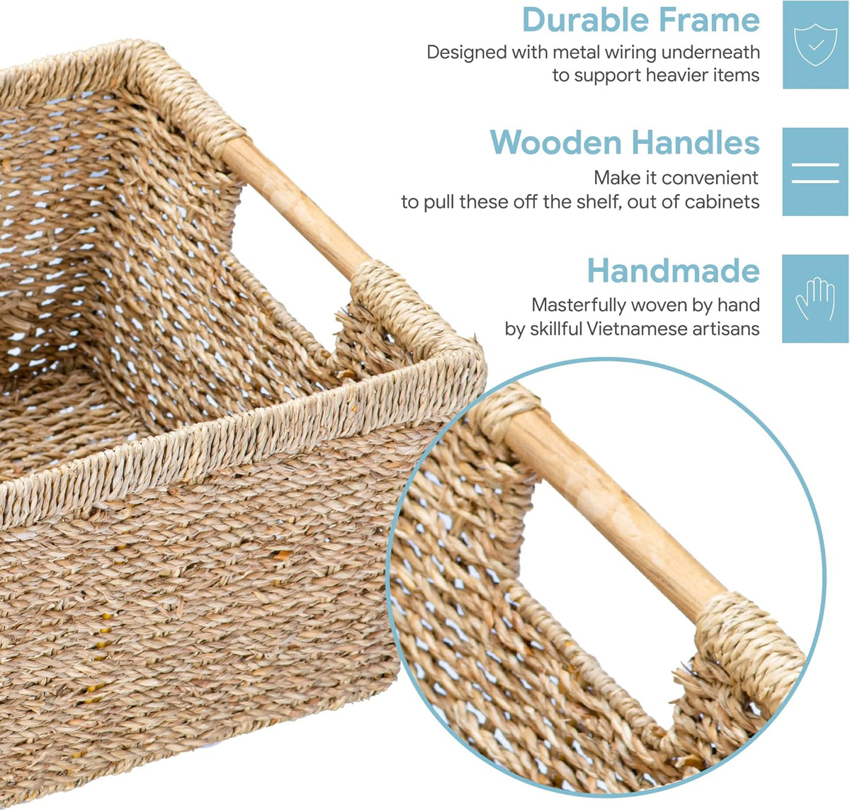 Large Wicker Storage Basket with Wooden Handles, Seagrass Basket for Shelves, Natural Wicker Bin With Handle for Storage 14.5 x 10.3 x 7.5 inches