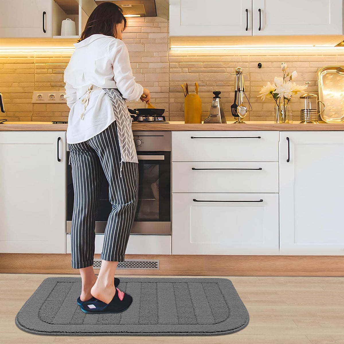 BEQHAUSE 24x36 Inch Kitchen Rug Mat Durable Kitchen Rugs Non-Slip Washable Absorbent Kitchen Mats for Floor Dirt-Resistant Semicircular Kitchen Mat (Grey)