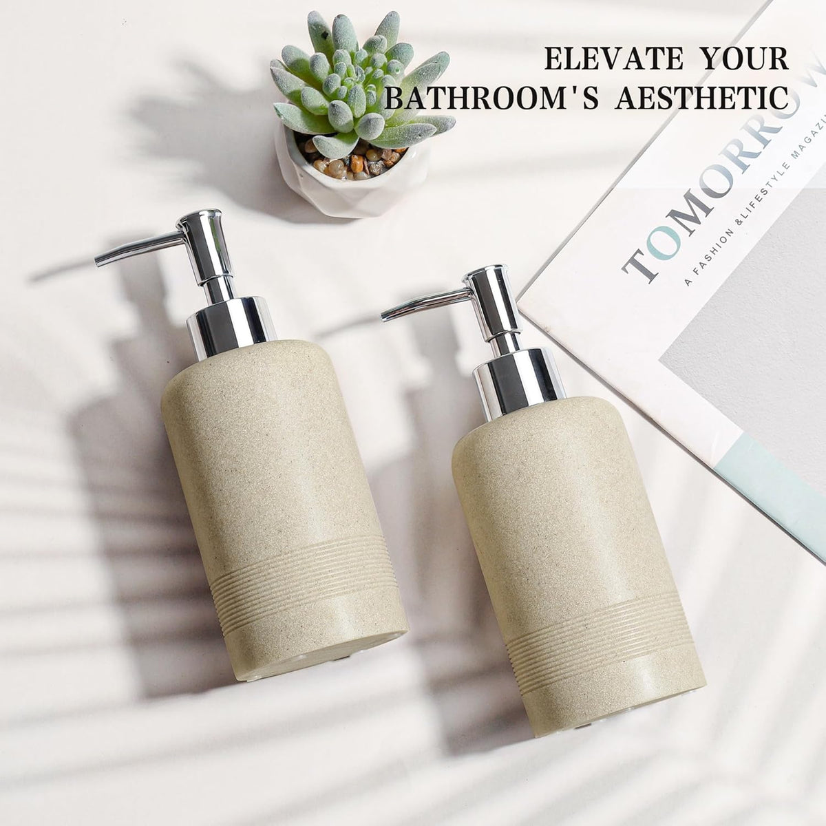 2pcs/Set Hand Soap Dispenser Sets - 10.8oz Refillable Resin Liquid Soap Dispensers with Rust-Proof Pump for Bathroom Countertop or Kitchen, Beige
