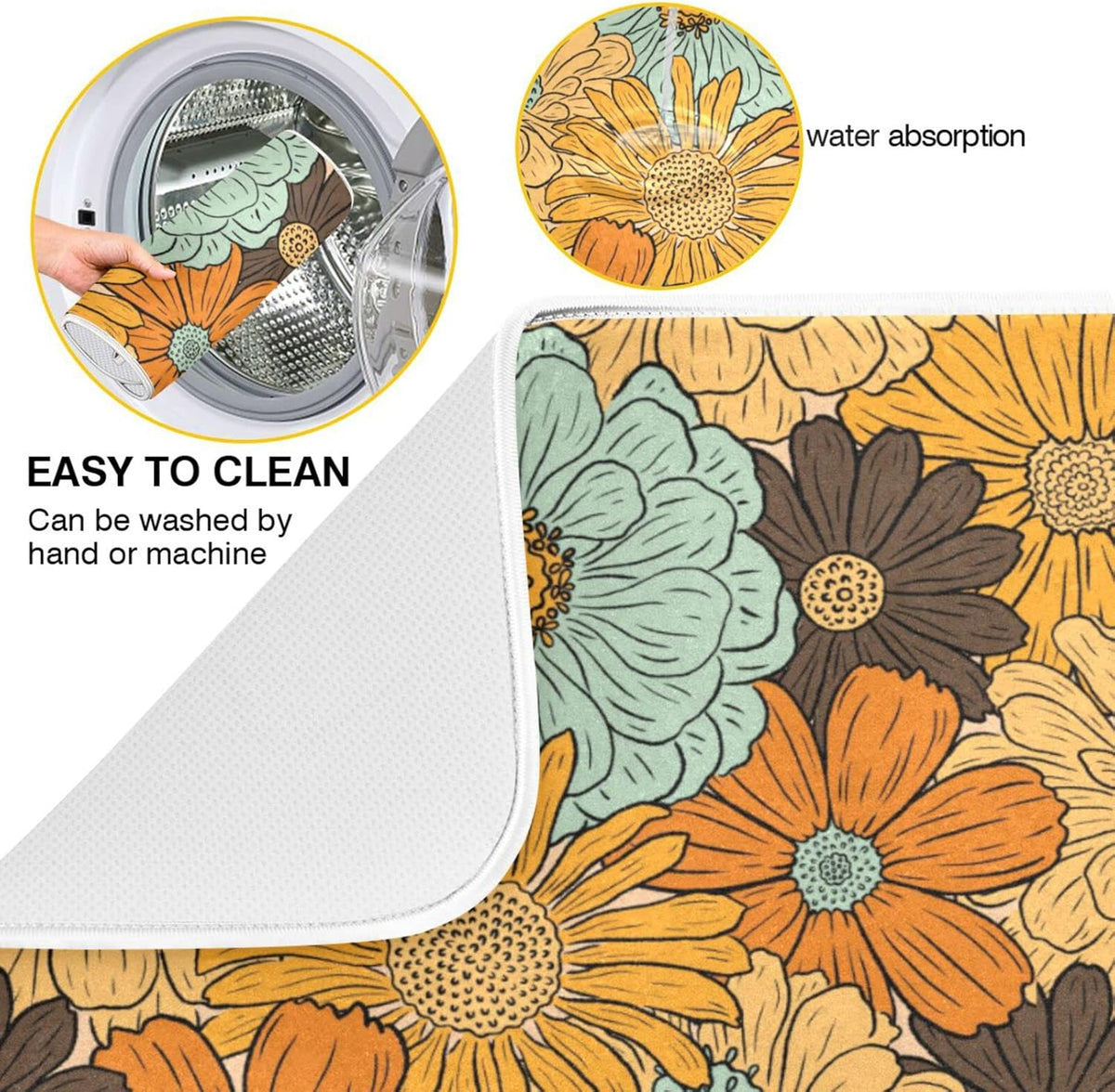 senya Super Absorbent Dish Drying Mat, Microfiber Fast-Drying Dish Mat, 24'' x 18'', Kitchen Dish Drying Pad, Retro Flower Daisy, (g289343300p523c558s1114)