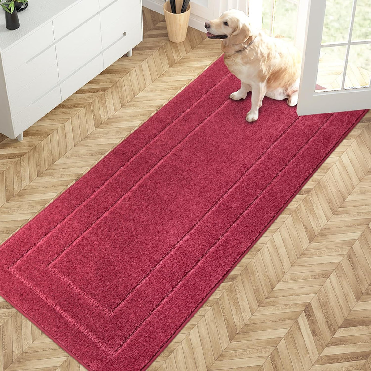 PURRUGS Dirt Trapping Door Mat 32" x 70", Non-Slip/Skid Machine Washable Entryway Rug, Dog Doormat, Super Absorbent Welcome Mat for Muddy Wet Shoes and Paws, Burgundy Red