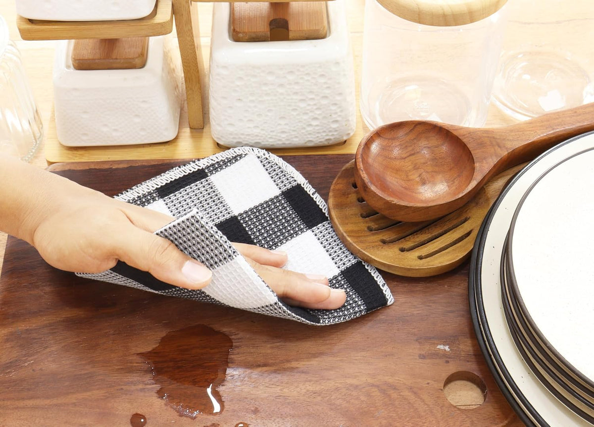PurpleEssences Waffle Weave Plaid Dish Cloths, 100% Cotton - 12 x 12 Inches, Ultra Soft Absorbent Quick Drying Dish Towels Buffalo Check Dish Rags for Kitchen, 6 Pack - Spring Summer- Black and White