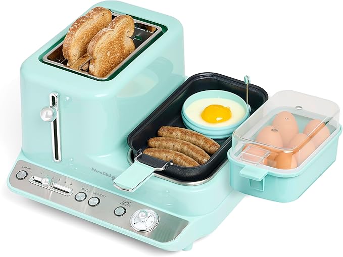 Nostalgia Classic Retro 3-in-1 Breakfast Station - Includes Egg and Veggie Steamer, Non-Stick Griddle, and Wide 2-Slot Toaster - Versatile Breakfast Maker Cooking Station with Toasting Control