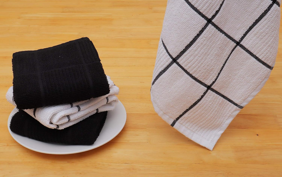 AMOUR INFINI Kitchen Towels Pack of 4 Absorbent, Quick Drying Premium Terry Cotton Dish Towel with Hanging Loop 16x28 Inch Hand & Tea Towels (Black)