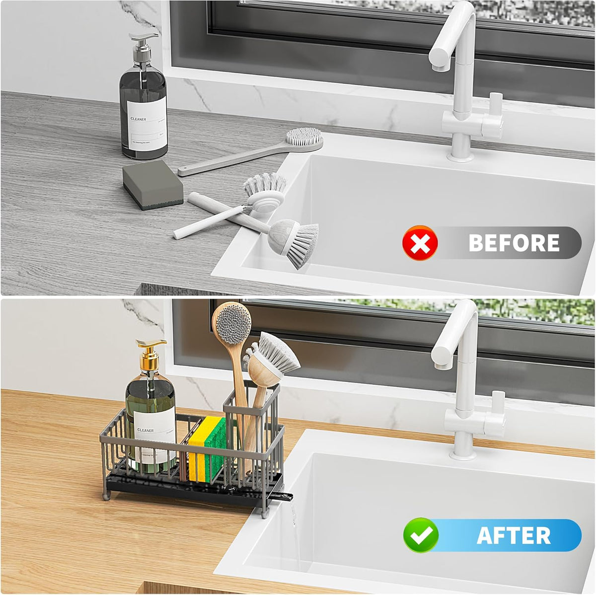 Cisily Charcoal Gray Sponge Holder for Kitchen Sink, Sink Caddy Organizer with High Brush Holder, Kitchen Countertop Organizers and Storage Essentials, Rustproof 304 Stainless Steel