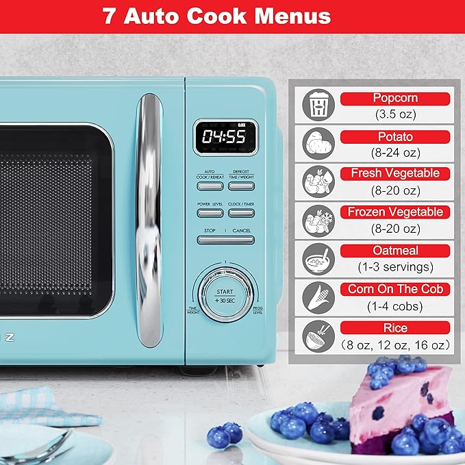 Galanz GLCMKZ09BER09 Retro Countertop Microwave Oven with Auto Cook & Reheat, Defrost, Quick Start Functions, Easy Clean with Glass Turntable, Pull Handle, 0.9 cu ft, Blue