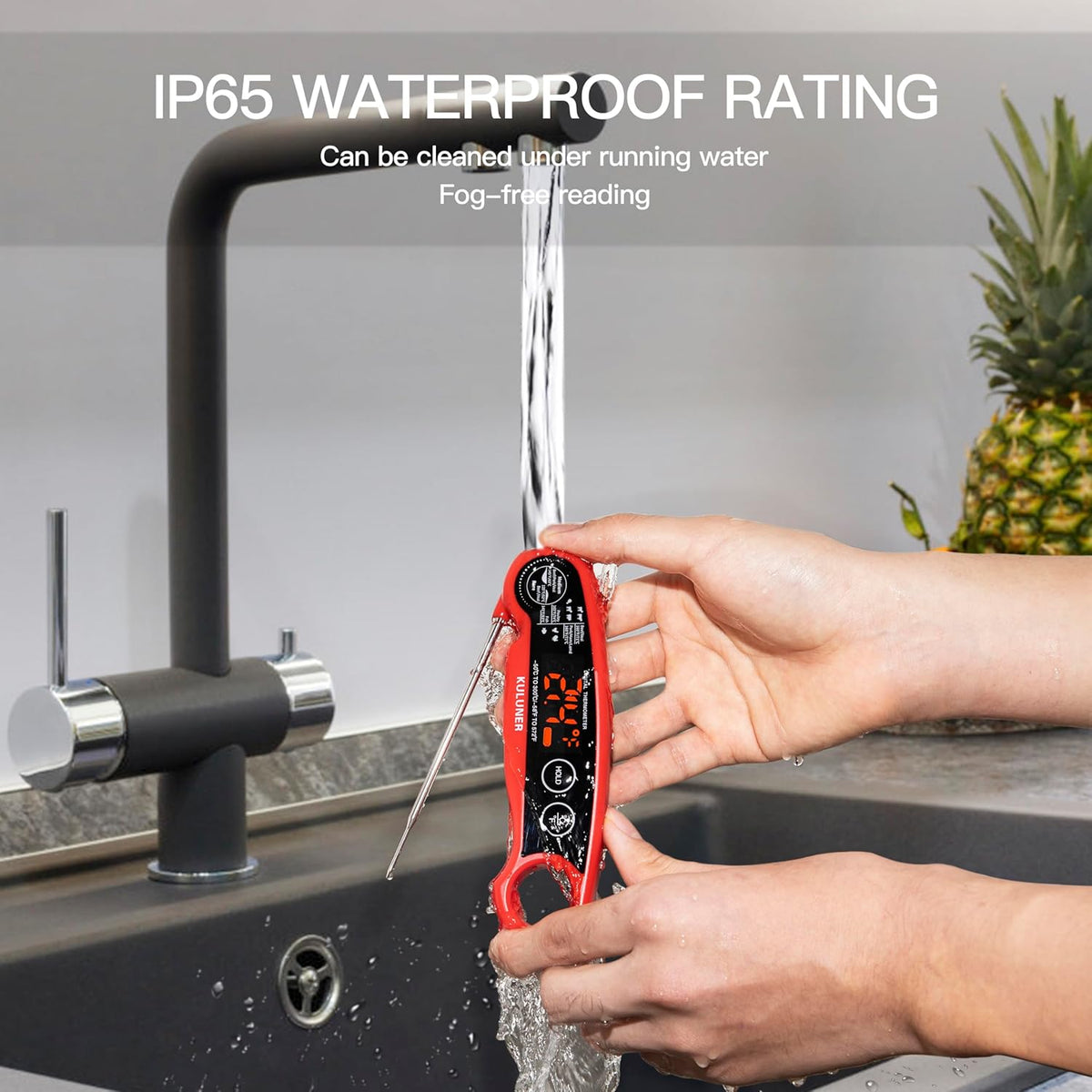 KULUNER 1-Second Rapid and Accurate Meat Thermometer - Waterproof Multifunctional Kitchen Food Thermometer, Ideal for Frying, Smoking, Grilling and More(Red)