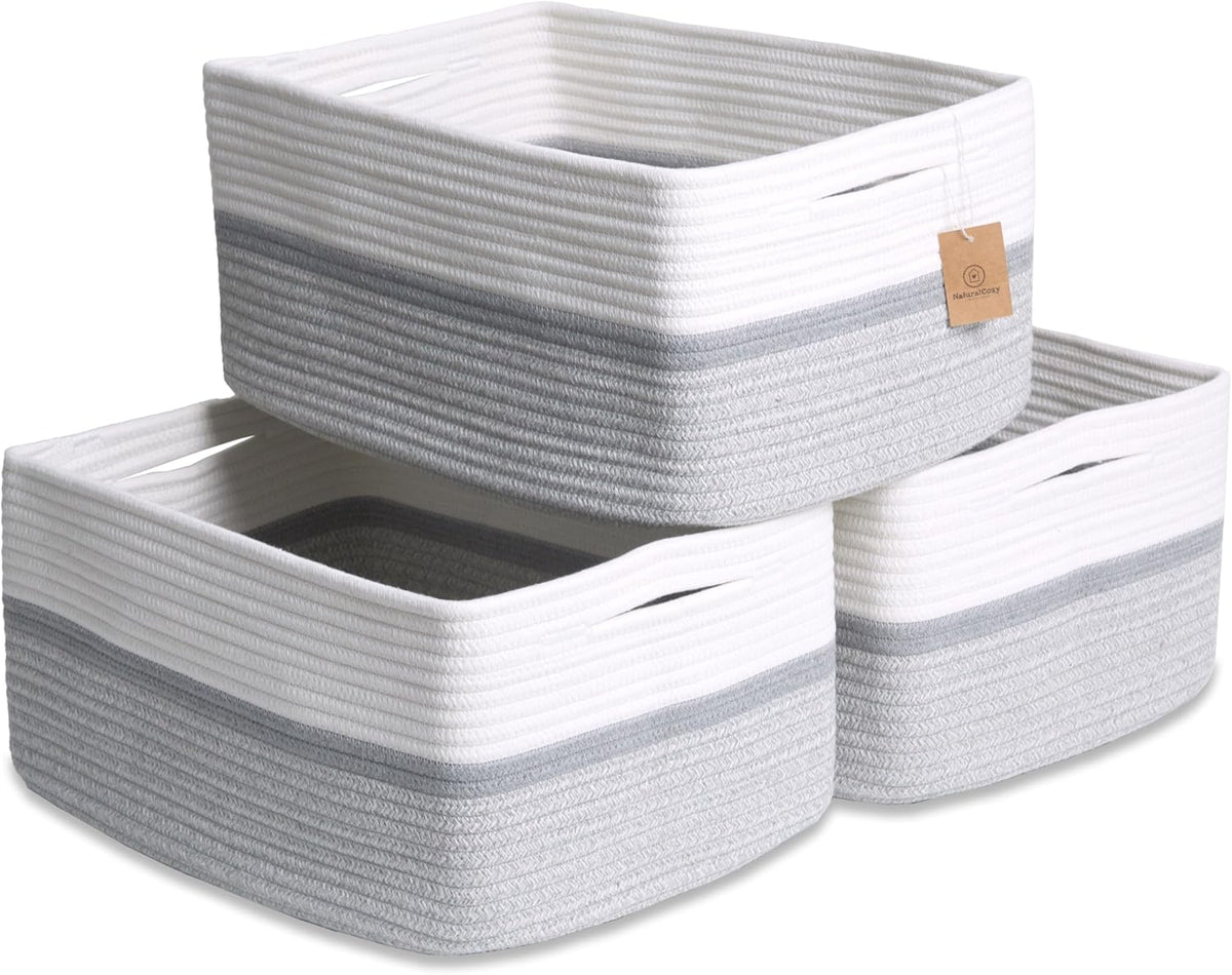 NaturalCozy Storage Baskets 16.8”x13”x7.6” Cotton Rope Woven Baskets for Organizing 3-Pack | Toy Storage Bins | Basket for Shelves, Laundry, Blanket, Clothes, Closet, Kitchen, Bathroom, Gifts