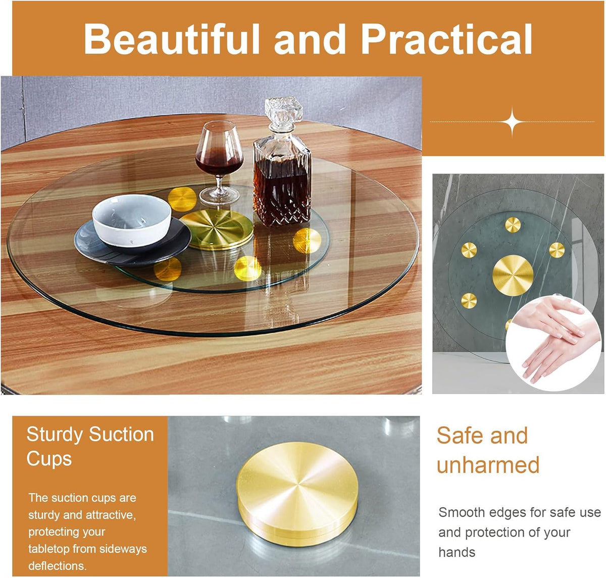24" Tempered Glass Lazy Susan Turntable, 360° Silent-Spin Round Clear Tabletop Rotating Tray, Centerpiece for Dining Tables, Smooth Rotation, for Banquets, Weddings & Family Gatherings