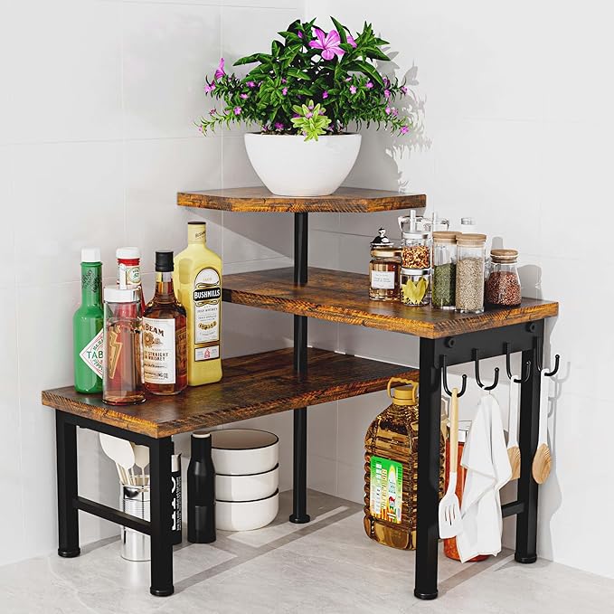 Kitchen Countertop Organizer, 3 Tier Moveable Corner Shelf Kitchen Shelf with Hook, Countertop Organizer for Bathroom, Spice Rack, Bookshelf, Coffee Area, Dresser Table (Brown)