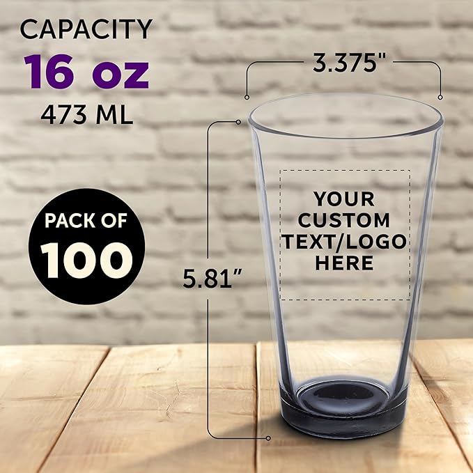 Custom Libbey Pint Glass 16 oz. Set of 100, Personalized Bulk Pack - Beer Glasses, Heavy Duty Drinkware - Black