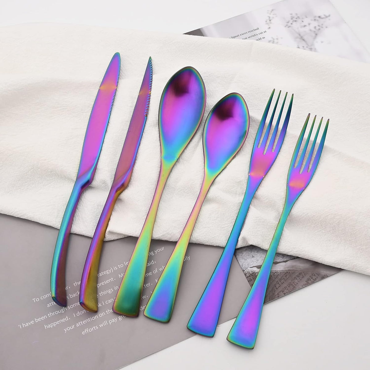 Luxury 18/10 Stainless Steel Matte Rainbow Colorful Flatware Set - Silverware Cutlery Utensil Set Steak Knife Spoon and Fork Knife Serving Set, Service for 1 (6-Piece)