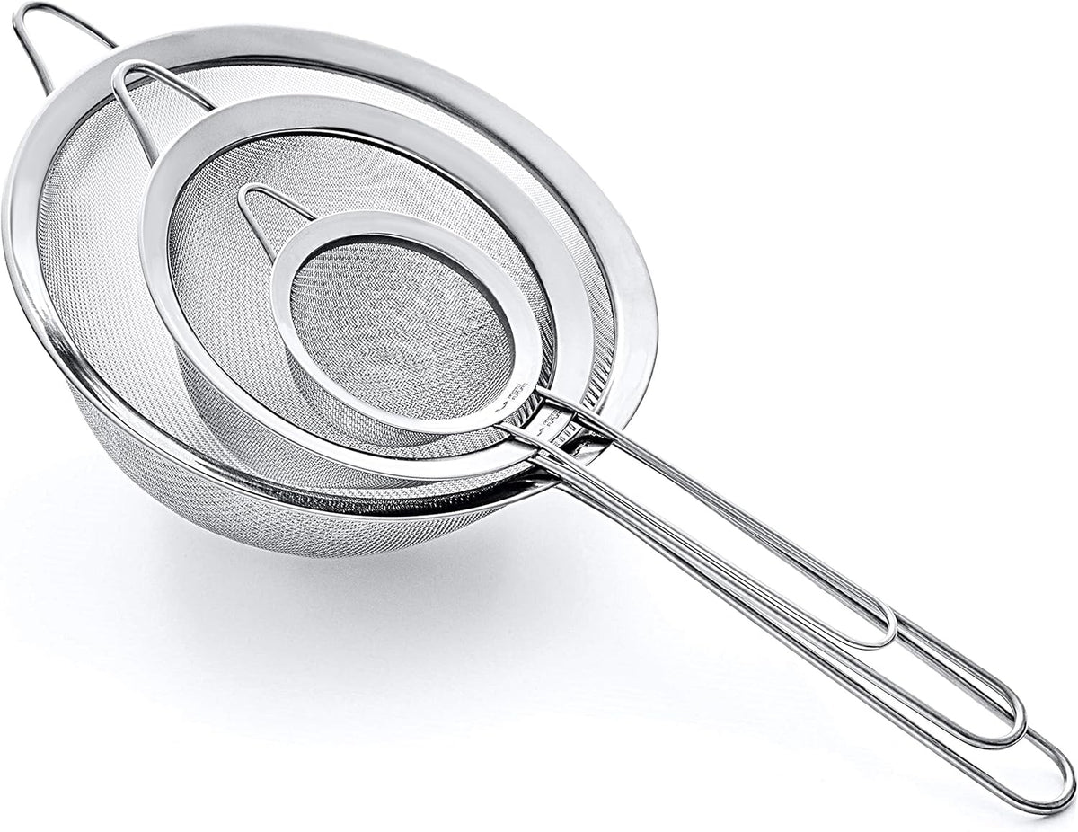 Strainer Set Fine Mesh – Premium 304 Stainless Steel (18/8) – 8″, 5.5″ and 3.3″ Sturdy Kitchen Strainers (Silver)