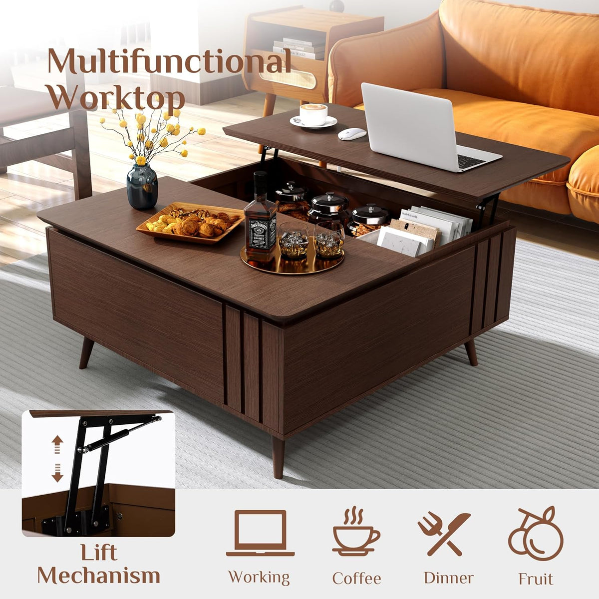 Lift Top Coffee Table, Mid Century Modern Center Table with Large Hidden Storage Compartment, 36" Square Coffee Tables for Living Room, Home Office, Dark Walnut