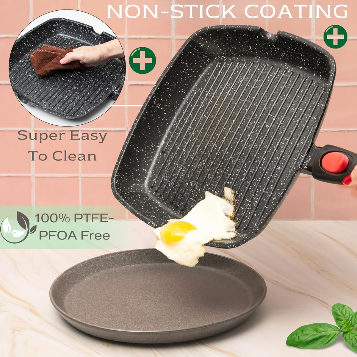 Moss & Stone Square Grill Pan for Indoor Cooking, 11-Inch Nonstick Griddle Skillet with Removable Handle, RV Die-Cast Aluminum Stove Top Grill Pan for Meats & Vegetables, Detachable Handle