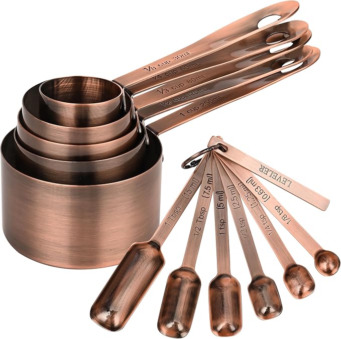 Copper Plated Measuring Cups and Spoons Set, Stainless Steel Measuring Cups and Spoons Set with 5 Kitchen Measure Cup, 6 Spice Measure Spoons, US&Metric Measuring Tools for Baking