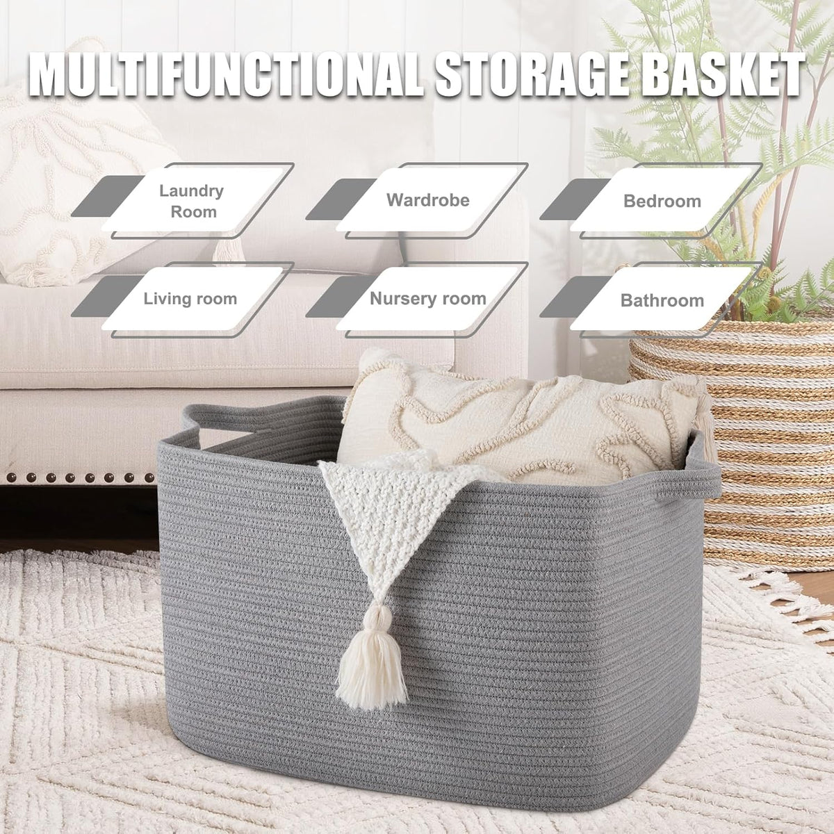 65L Large Storage Basket, Cotton Rope Woven Blanket Basket, Toy Storage for Baby Room, Living Room, Light Grey