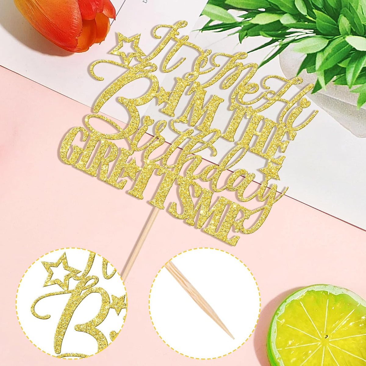 1 PCS It's Me Hi I'm the Birthday Girl It's Me Cake Topper Glitter Funny Girls Birthday Cake Pick for Hot Pop Music Singer Birthday Party Cake Decorations Supplies Gold