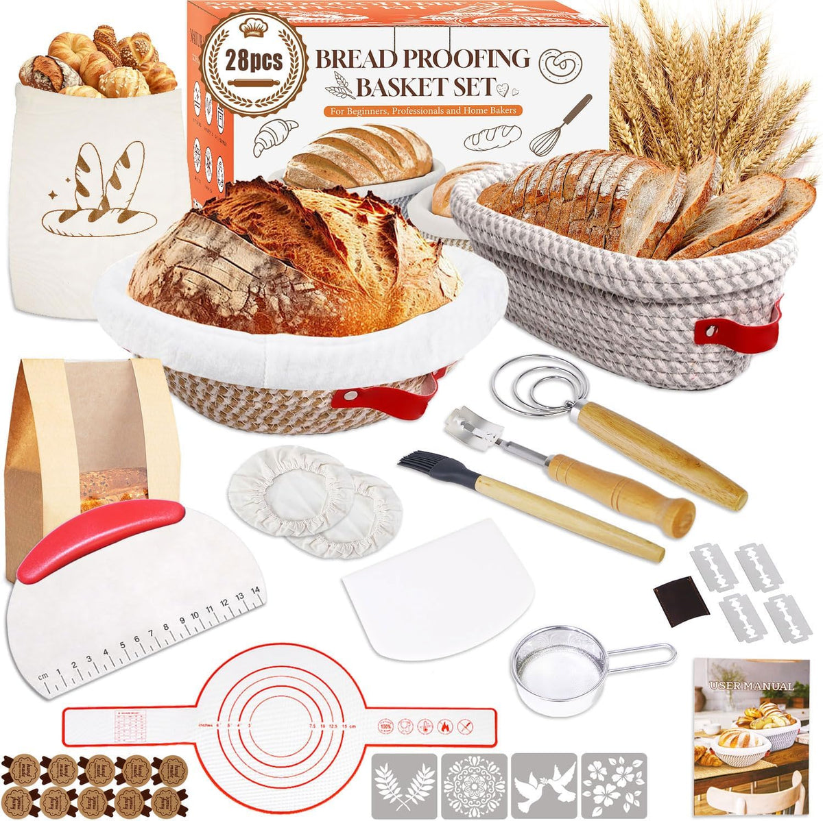 Sourdough Starter Kit, Sourdough Bread Baking Supplies, Cotton Rope Banneton Bread Proofing Basket Set with Sourdough Starter Jar for Bread Making Baking, Sour Dough Kit Tools Gifts for Bakers Women