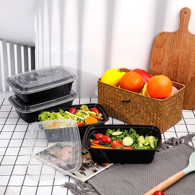 LIYH 100 Pack (200 Pcs) 32 oz Meal Prep Containers Food Storage Containers Black 1 Compartment Food Containers with Lids Lunch Boxes Plastic Bento Box Reusable Microwaveable Dishwasher Safe