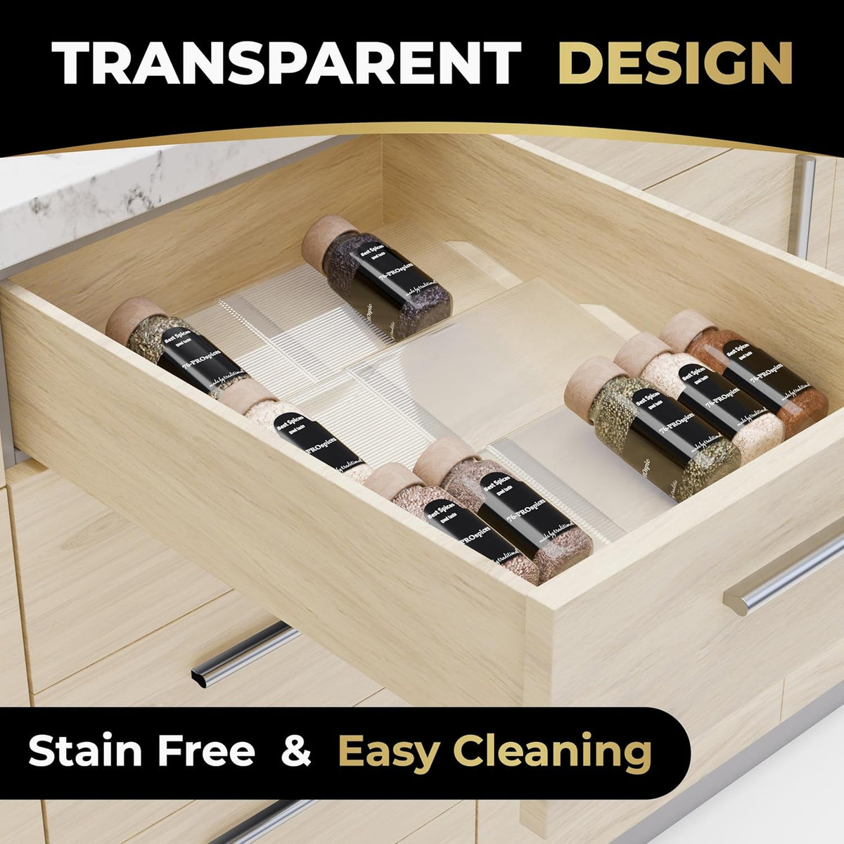 LEVANI Spice Drawer Organizer – 3 Large Tiers, Anti-Slip Grips, Narrow to Standard Drawer Size - Expandable from 8 – 15 inches Wide, Clear Durable Acrylic Spice Rack, No Sliding in Kitchen Drawers
