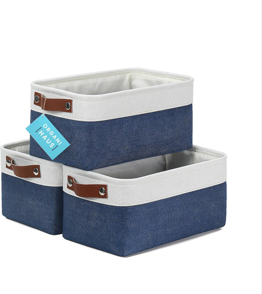 OrganiHaus Small Fabric Storage Baskets for Shelves 3 Pack, 12x8in Closet Storage Bins for Shelves, Cloth Baskets for Organizing, Linen Closet Organizers, Fabric Basket, Navy Blue/White