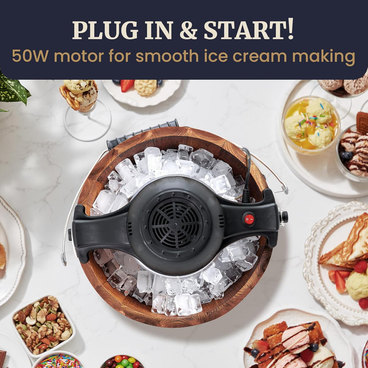 Elite Gourmet EIM418 Old Fashioned 4 Quart Vintage Walnut Wood Bucket, Electric Ice Cream Maker Machine, Uses Ice and Rock Salt Churns Ice Cream in Minutes