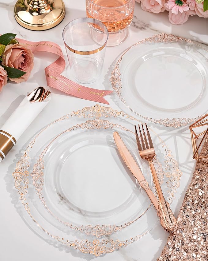 Nervure 350PCS Rose Gold Plastic Plates - Rose Gold Plastic Dinnerware Sets for 50 Guests - 100 Disposable Plates, 150 Silverware, 50 Cups, 50 Napkins for Wedding & Party