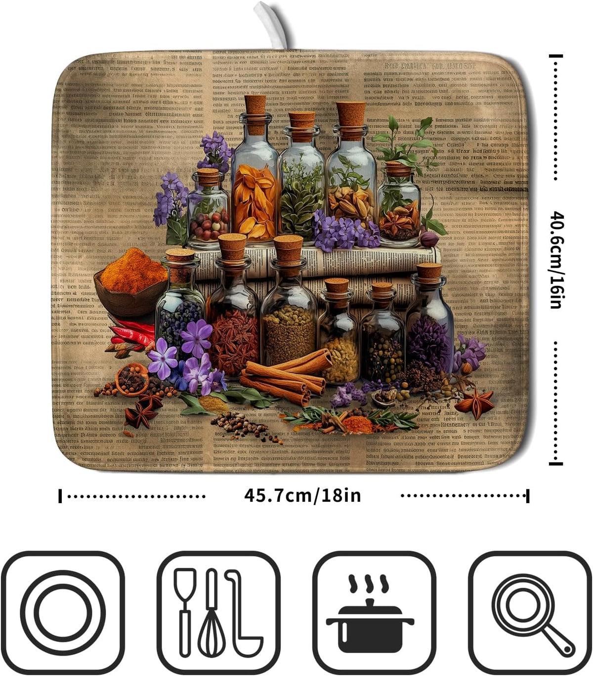 Vintage Kitchen Dish Drying Mat - Spice Bottle Decorative Dish Sink Rack Pad 16 X 18 Inch