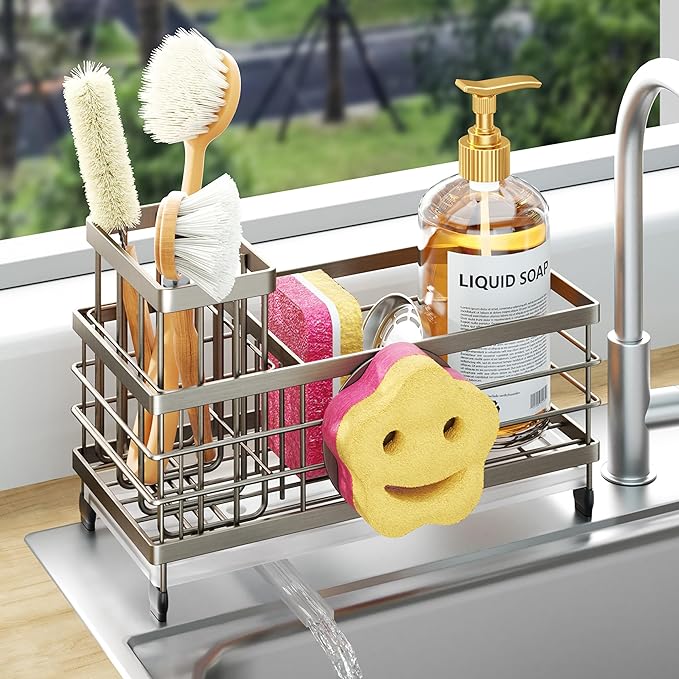 HapiRm Sink Caddy Sponge Holder - Self-draining Kitchen Sink Organizer with Smiley Face and Brush Holder, Stainless Steel Kitchen Organizer for Countertop - Brushed Nickel