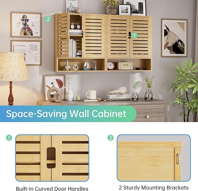 SMIBUY Bathroom Cabinet Wall Mounted, Bamboo Over-The-Toilet Storage Organizer, Space Saver Medicine Cabinet with 2 Door and Adjustable Shelves (Natural)